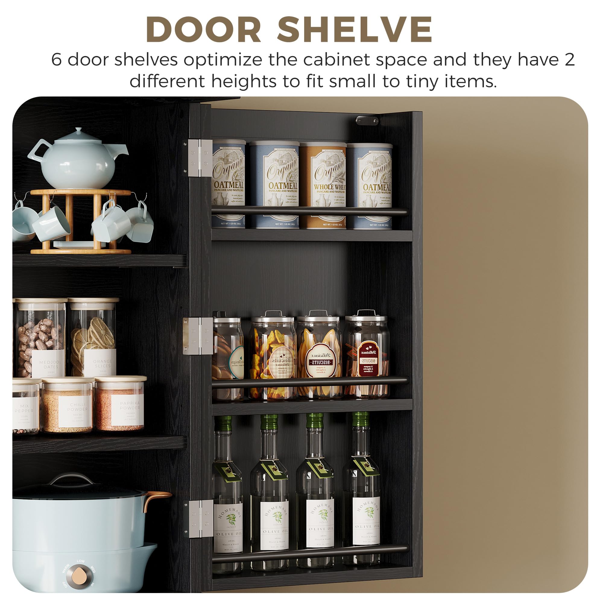 IRONCK Farmhouse Kitchen Pantry Cabinet, 72" Height Tall Freestanding Cupboard with Sliding Storage Rack and 6 Hanging Shelves for Kitchen, Dining Room, Black