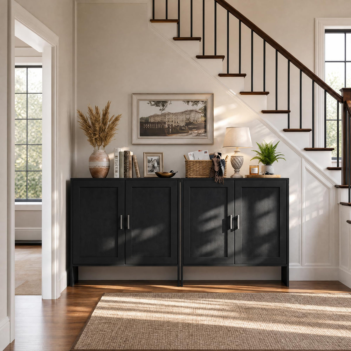 DHZ Buffet Storage Cabinet, Farmhouse Sideboard with Black Rattan Doors & Adjustable Shelf, 31.5" Narrow Coffee Bar Cabinet, Kitchen Storage Credenza, Entryway Accent Liquor Cabinet
