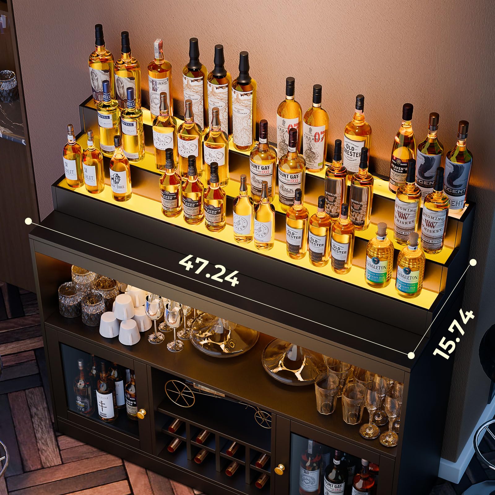 Loomie Wine Bar Cabinet with LED Lighted Liquor Bottle Display Shelf, Liquor Cabinet with Glass Holder, Coffee Bar for Liquor, Storage Buffet with Wine Racks, Wine Cabinet with Door (Black)