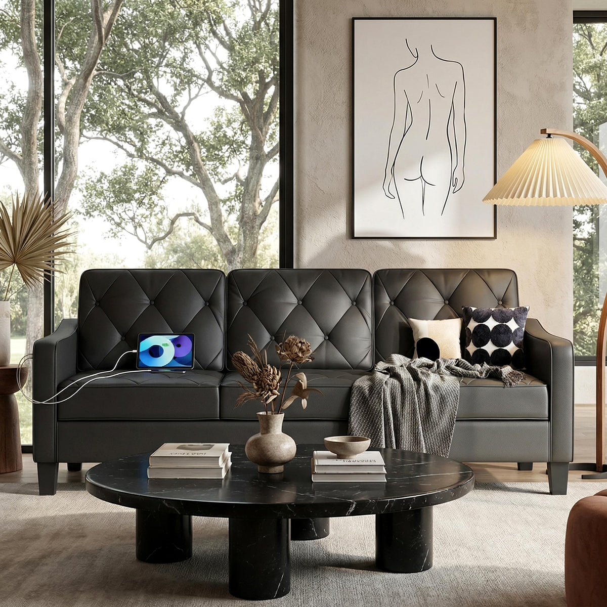 Black Tufted Faux Leather Sofa