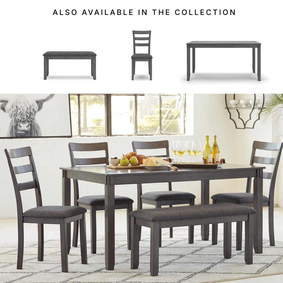 Signature Design by Ashley 6-Piece Dining Table Set with Bench, Gray