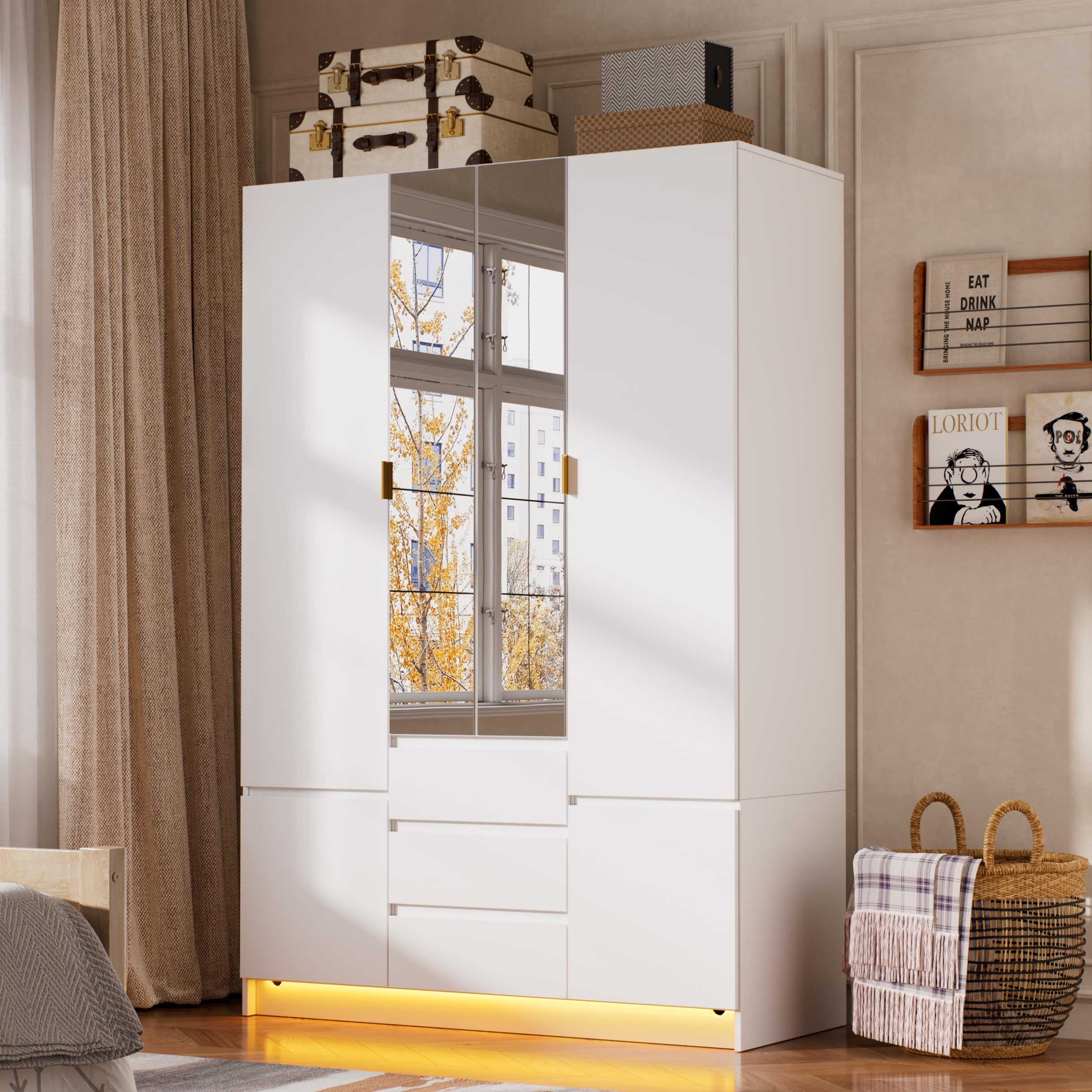 4-Door Wardrobe with LED Light & Mirror