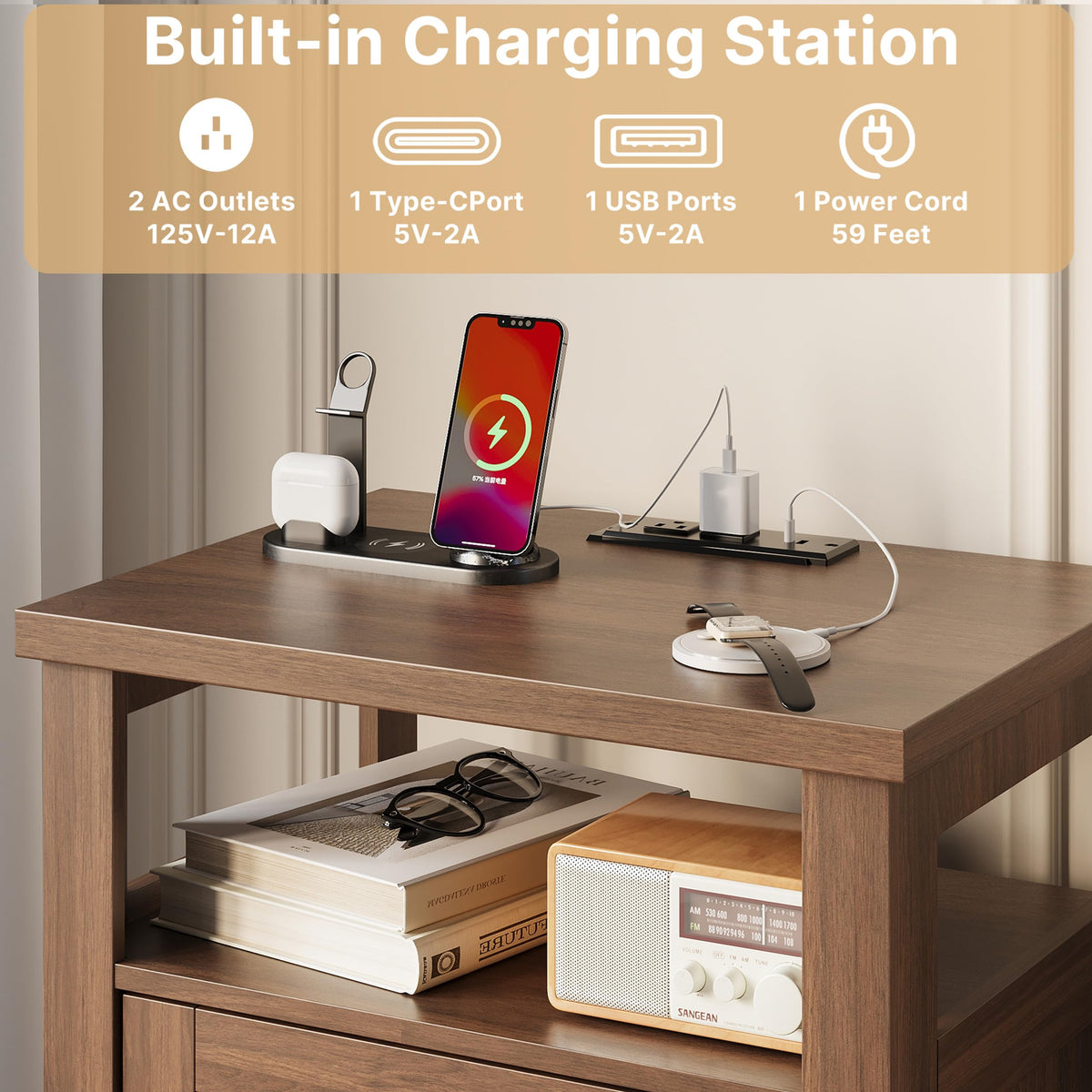 Decofy Farmhouse 2-Drawer Nightstand Set of 2 with Charging Station, Walnut