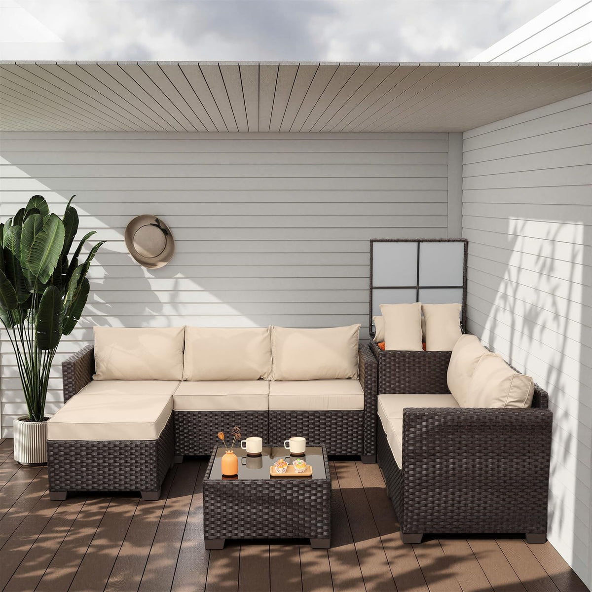 Valita 5 Pieces Brown Wicker Patio Furniture Set Outdoor Sectional Conversation Sofa Set with Storage Bin and Glass Table with Non-Slip Cushions Furniture Covers, Beige