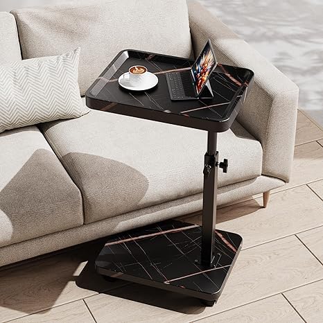 Height-Adjustable C-Shape Side Table with Wheels & 360° Swivel