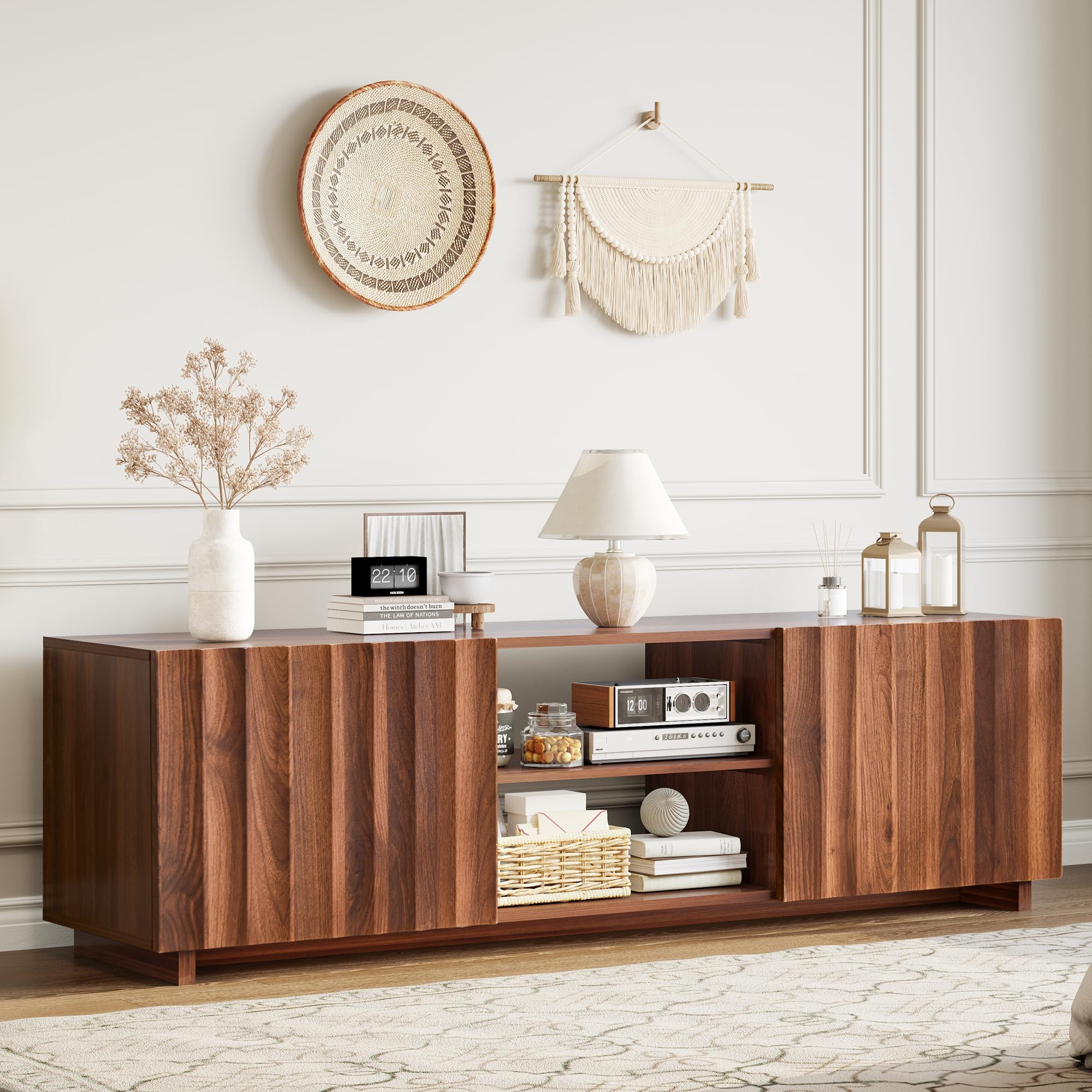 Bifins 61 inch TV Stand for Televisions up to 65 Inches, Mid Century Modern Fluted Entertainment Center TV Console Table with Storage and Adjustable Shelve for Living Room Bedroom (Walnut)