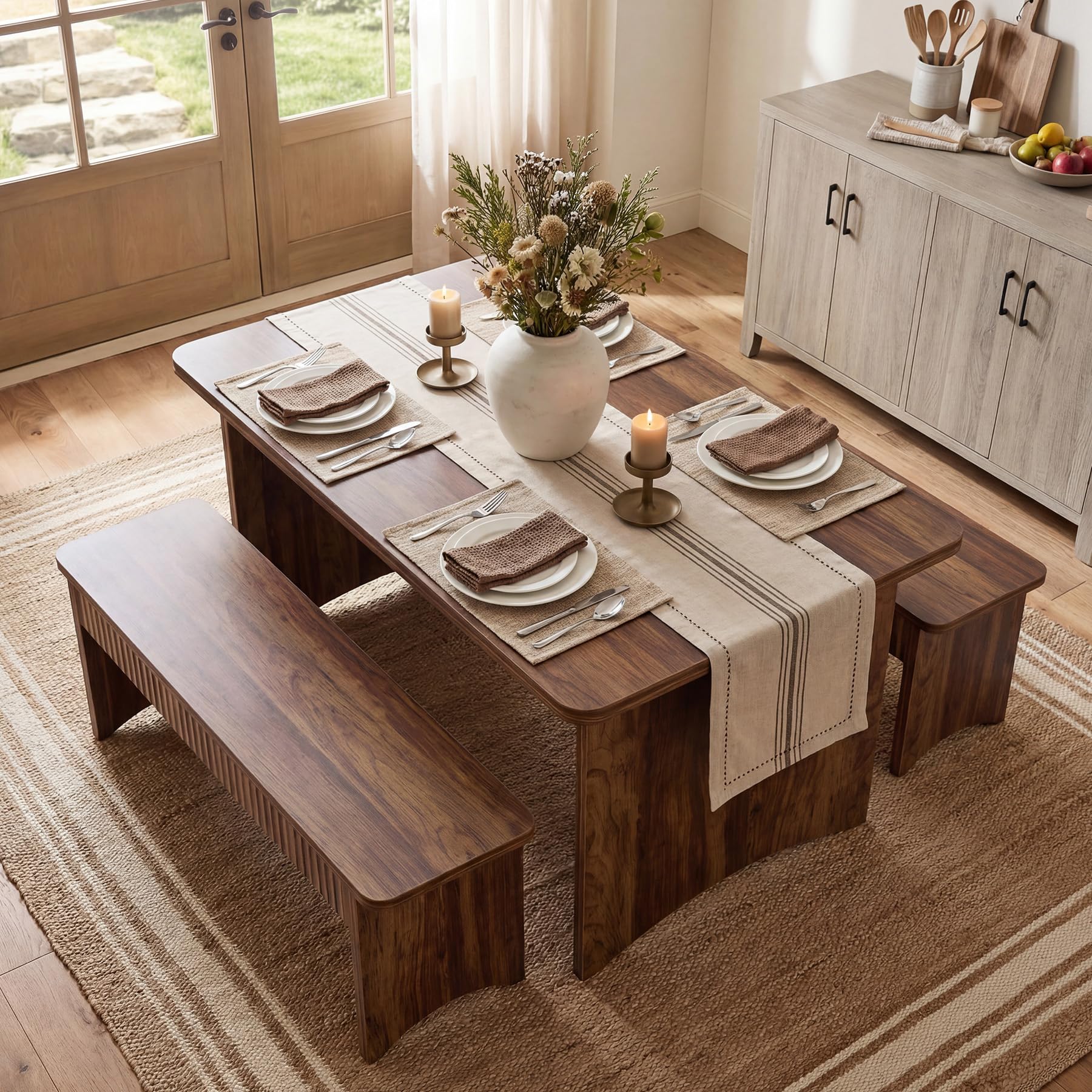 Farmhouse Dining Table Set with 2 Benches