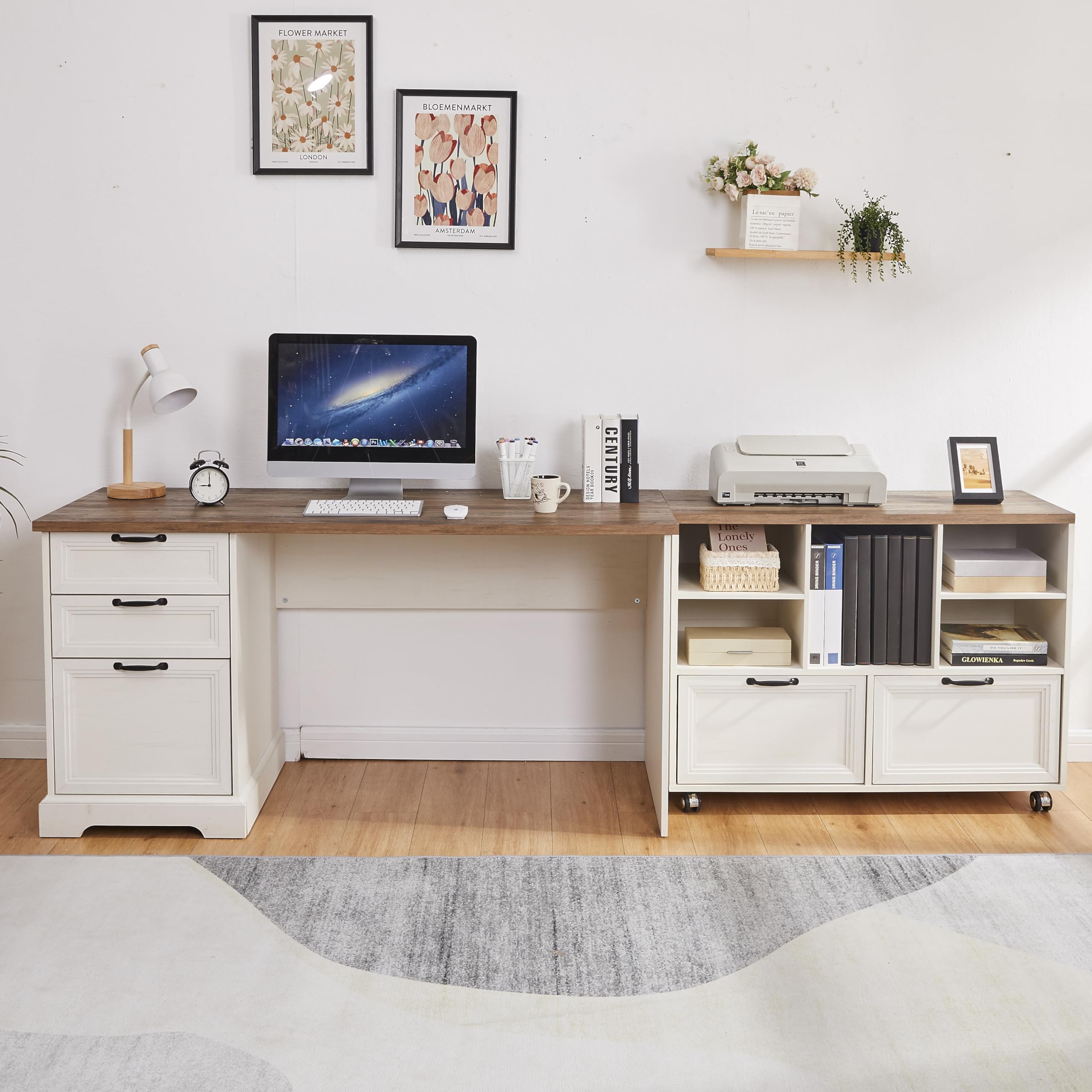 60"L-Shaped Executive Desk with 40"Adjustable File Cabinet,Farmhouse Home Office Desk with Charging Station,Office Desk with Storage Drawers,Wood Computer Desk Set for Office Work,Home Study