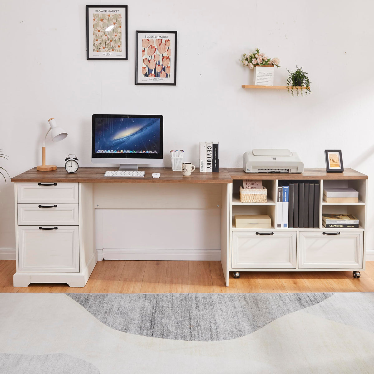 60"L-Shaped Executive Desk with 40"Adjustable File Cabinet,Farmhouse Home Office Desk with Charging Station,Office Desk with Storage Drawers,Wood Computer Desk Set for Office Work,Home Study