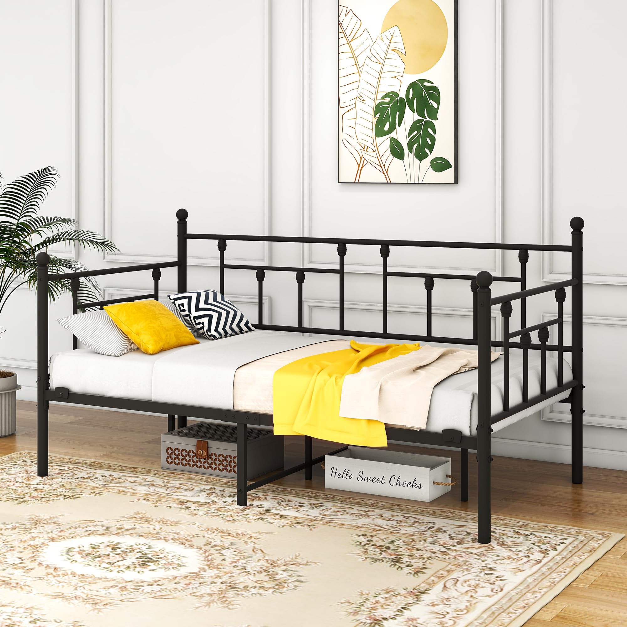 HAHRIR Metal Daybed Frame with Steel Slats Platform Furniture, Twin Size with Multifunctional Mattress Foundation, Black