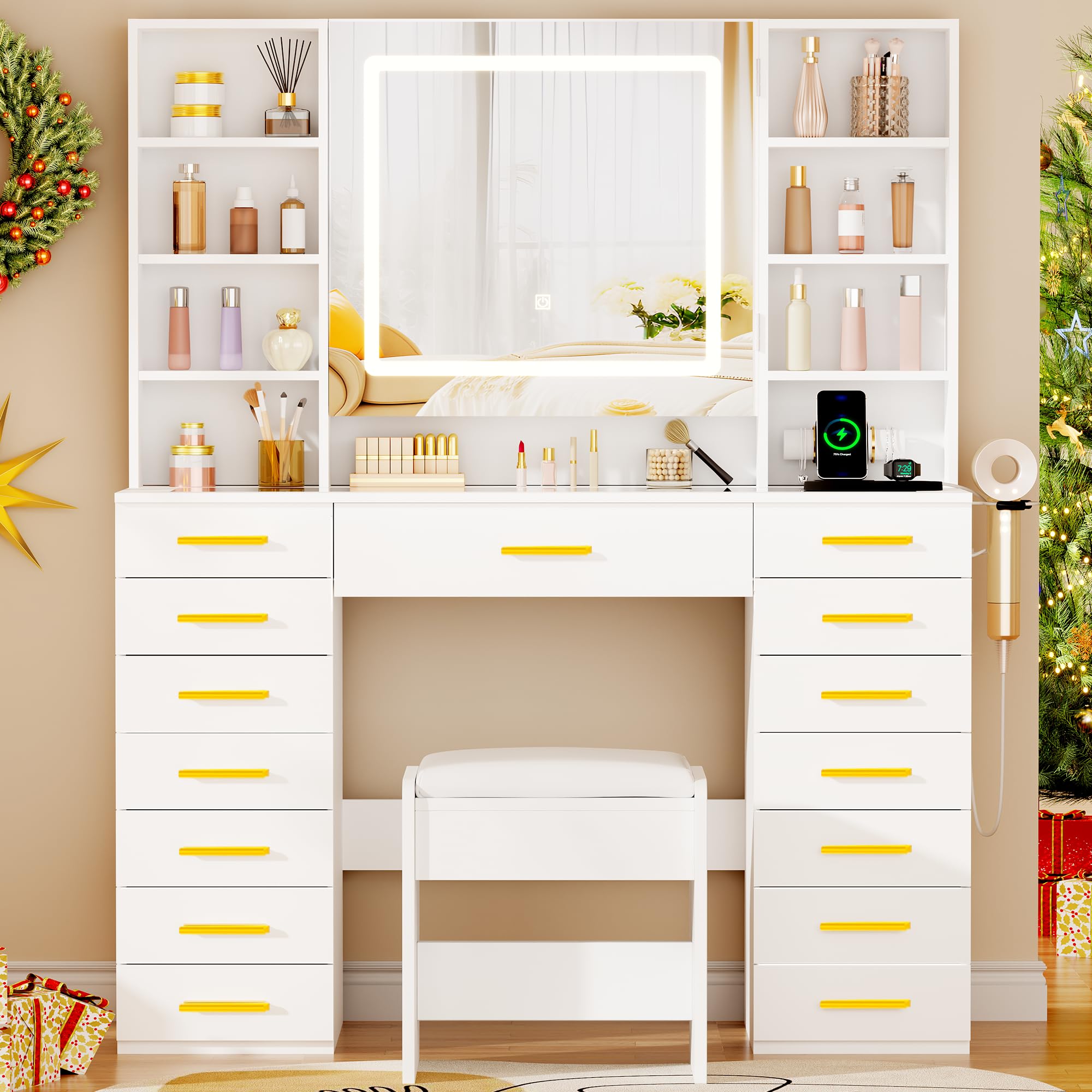 YUNSCEND White Vanity Desk with LED Lighted Mirror, 15 Drawers Makeup Vanity Table with Transparent Glass Top Power Outlet 9 Shelves 8 Hooks Large Dressing Table with Stool for Girls Women UXFST012W