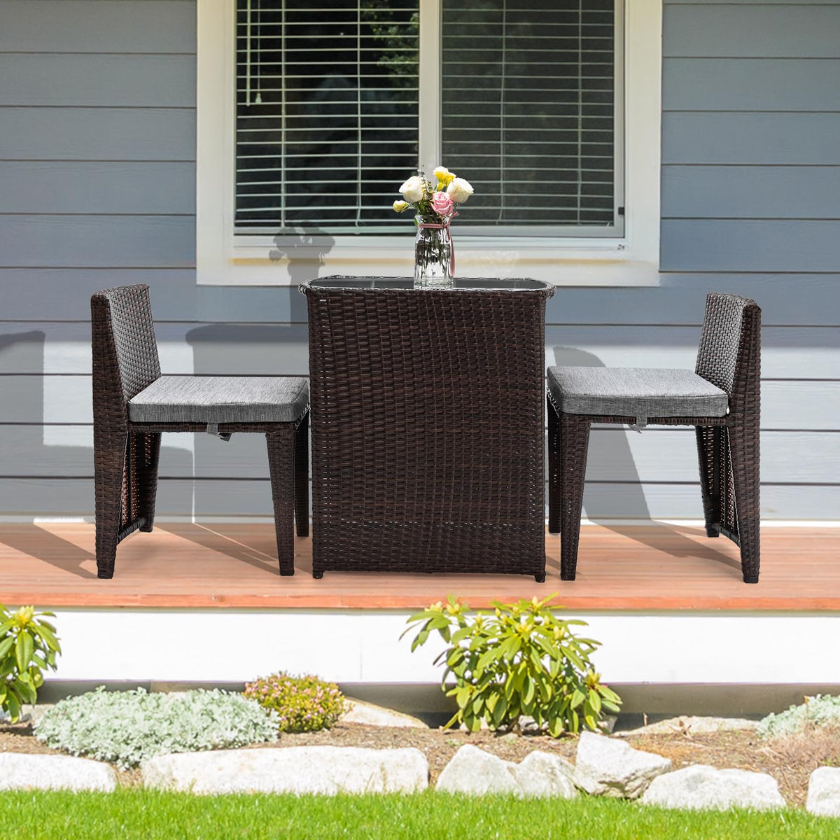 Bonnlo 3 PCS Wicker Outdoor Patio Bistro Set, Patio Furniture Set for Small Space with Glass Top Table Dining Chairs, Balcony Furniture Patio Table and Chairs Set of 2 for Garden Yard Porch (Brown)