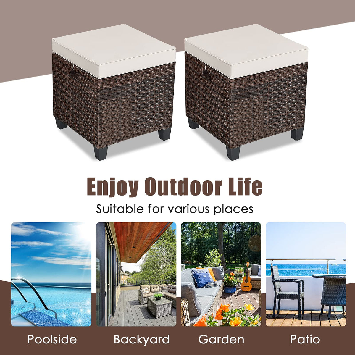 2-Piece Wicker Patio Ottoman Set