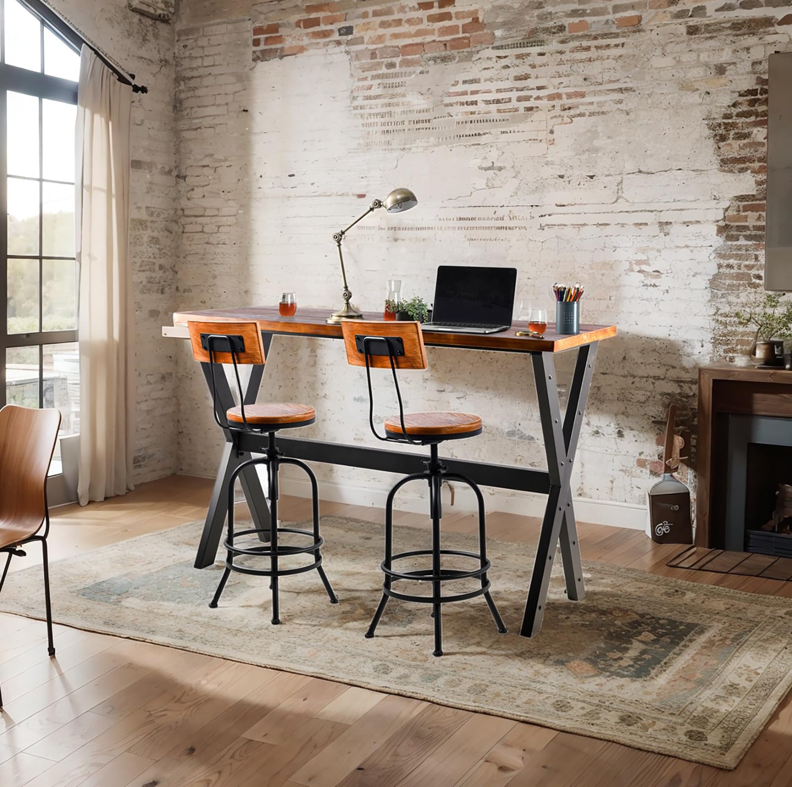 3-Piece Table & Chairs Set, Space-Saving Furniture for Home Bar Dining Cafe Pub, Industrial Black Metal & Rustic Brown Wood, Heavy Duty, X-leg Rectangular Table, 2 Swivel Adjustable High Barstools