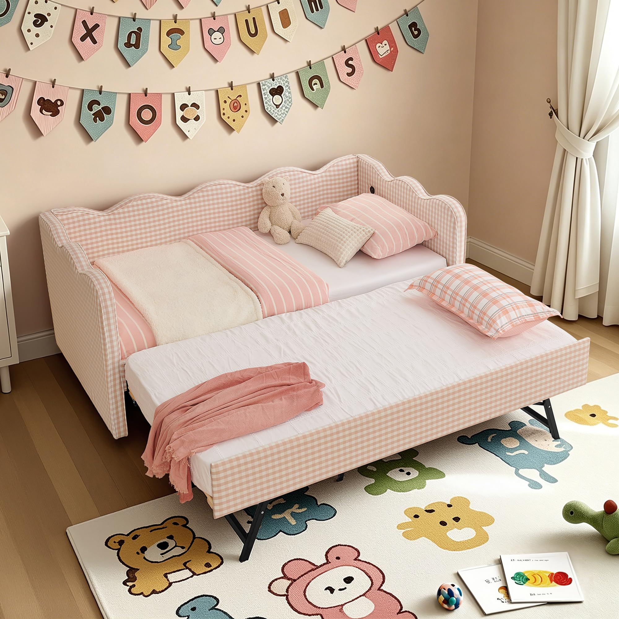 KEIKI Twin Size Upholstery Daybed with Trundle and USB, Twin to King Design Adorable Wave Shaped Extendable Linen Sofa Bed, Easy Assembly, No Box Spring Required, for Living Room and Bedroom, Pink