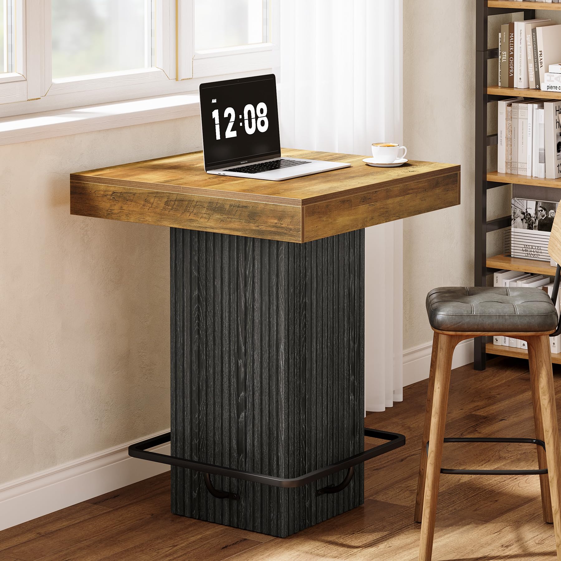 Tribesigns Square Bar Table, Kitchen Dining Table, Industrial Counter Height Pub Cocktail Table Home Bar Unit with Metal Footrest for Dining Room, Tavern, Coffee Corner, Bistro, Rustic Brown