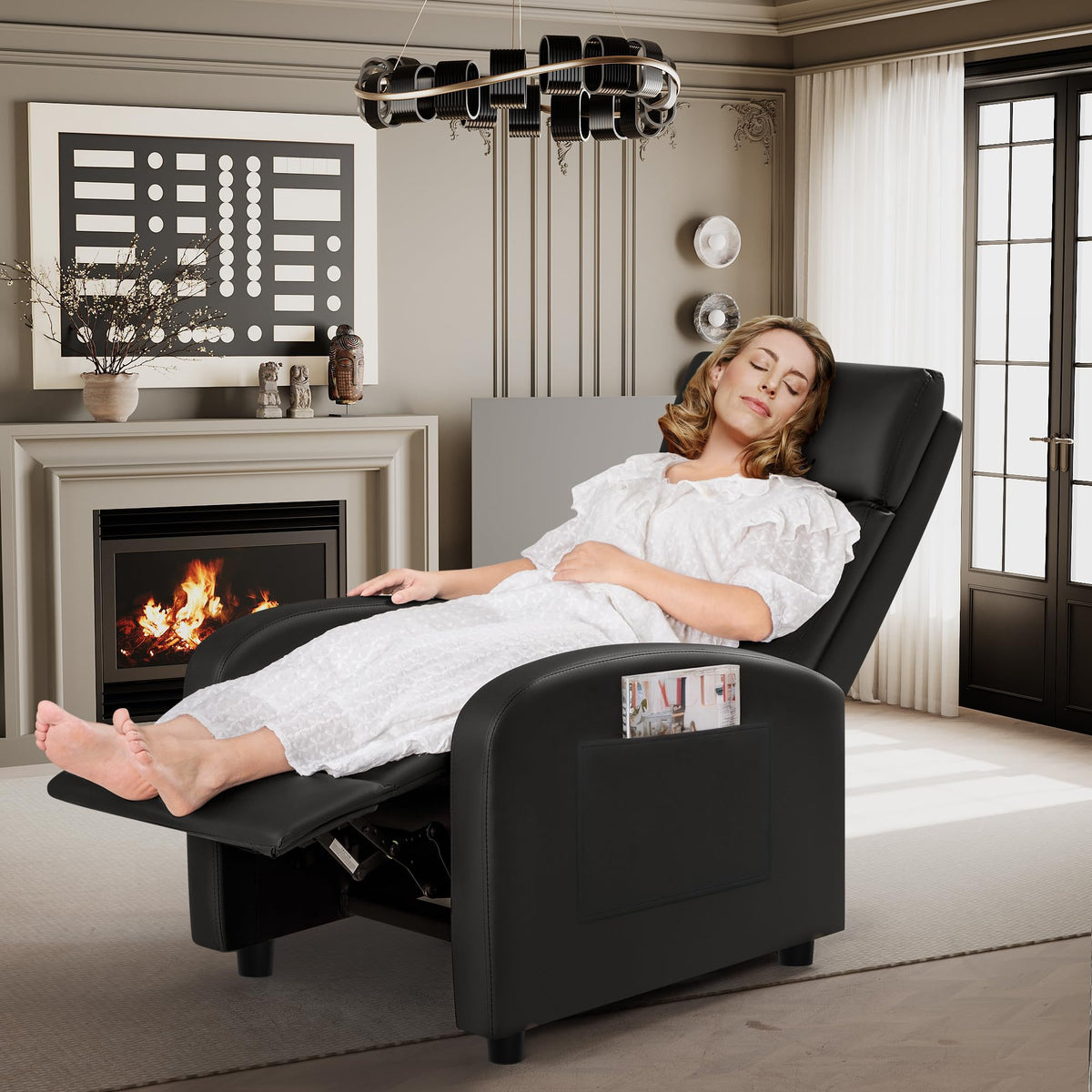 Rankok Recliner Chair Modern PU Leather Black Reclining Adjustable Recliner
