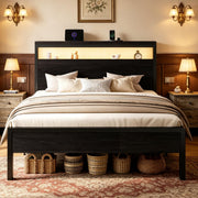 SHA CERLIN Queen Bed Frame, 2-Tier Storage Headboard, LED, Charging Station