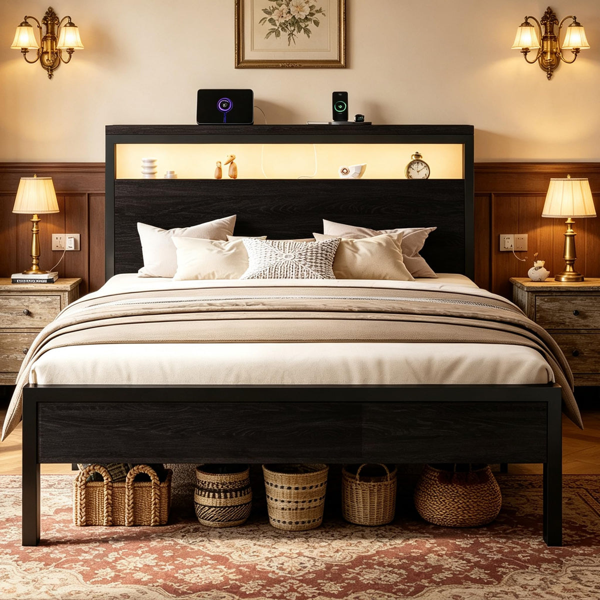 SHA CERLIN Queen Bed Frame, 2-Tier Storage Headboard, LED, Charging Station