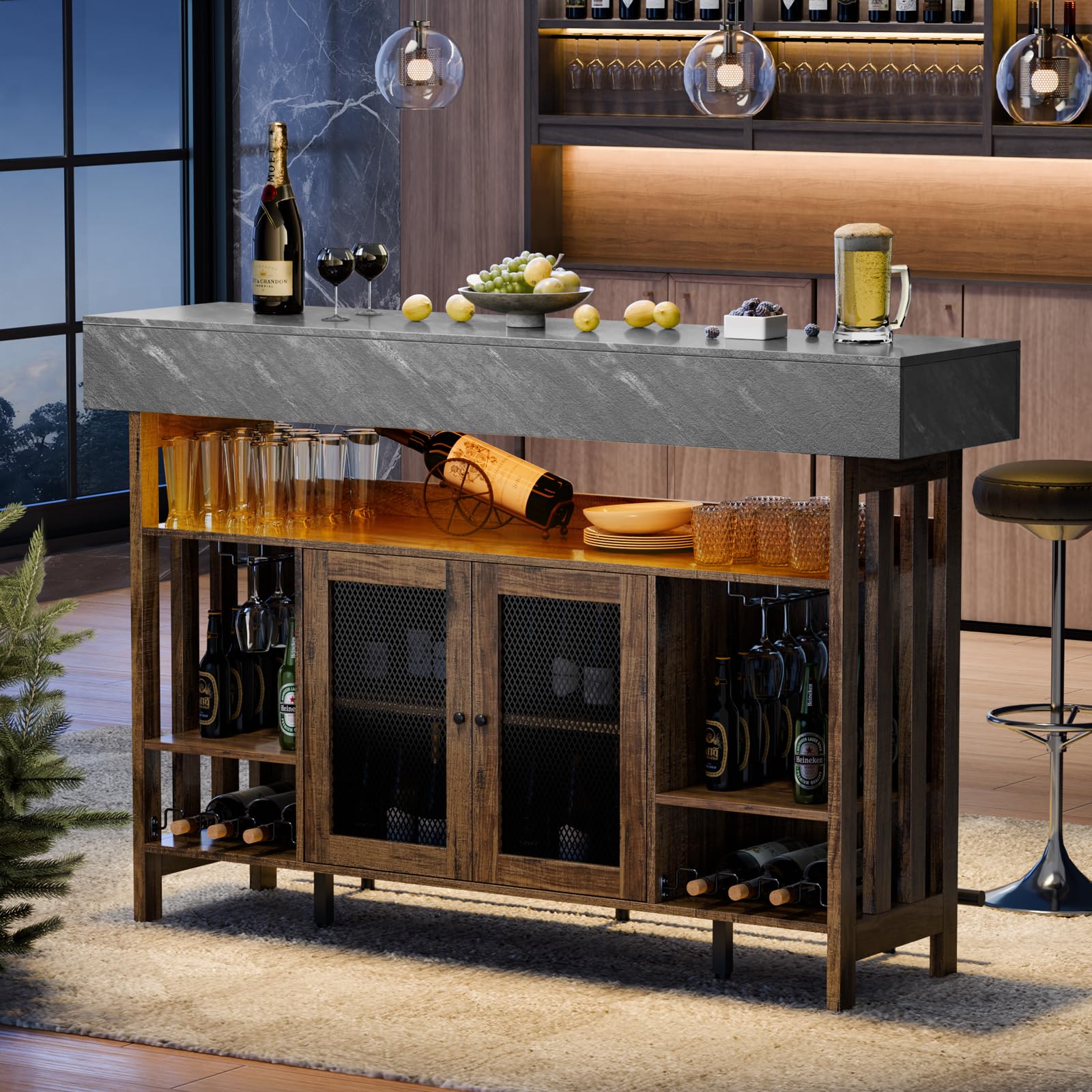 Bar Table Cabinet with LED Lights & Wine Storage