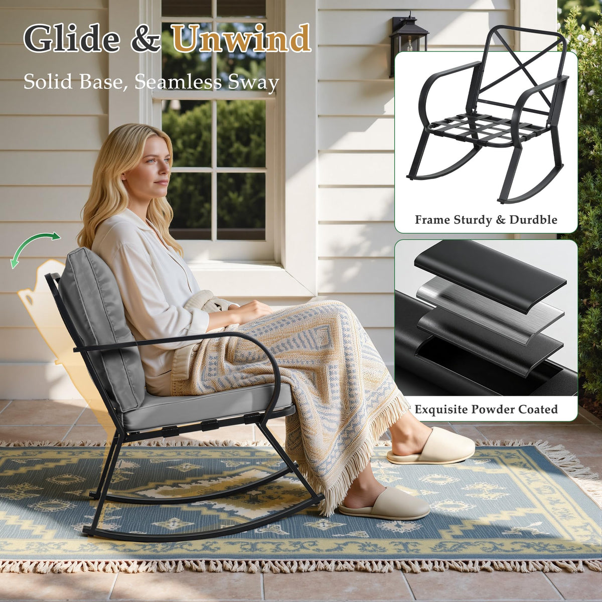 Oakcloud Oakmont Outdoor Furniture 3 Piece Conversation Bistro Set Rocking Chairs and Glass Top Table, Thick Cushions, Black Steel (Grey)