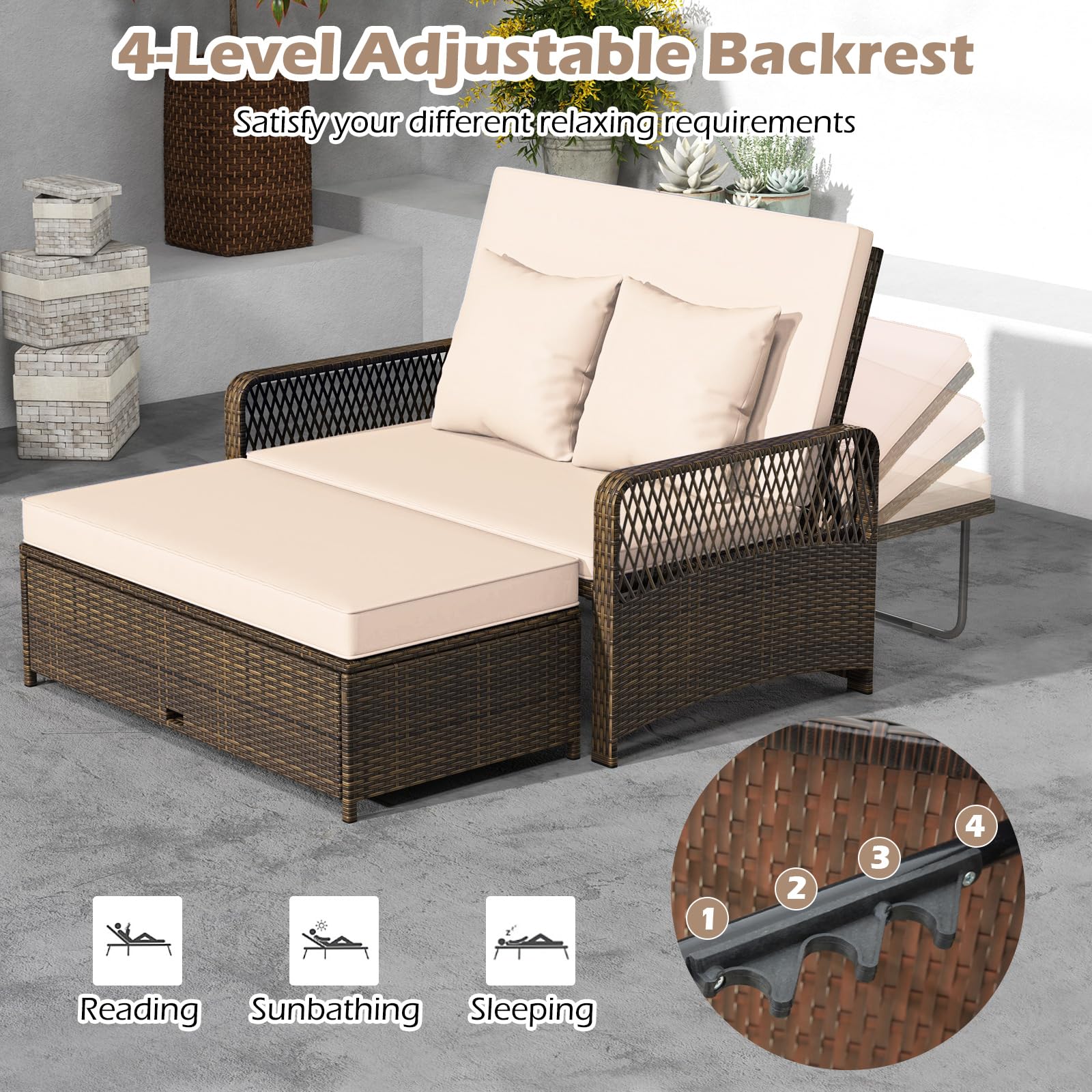 Patio Rattan Daybed with Storage Ottoman