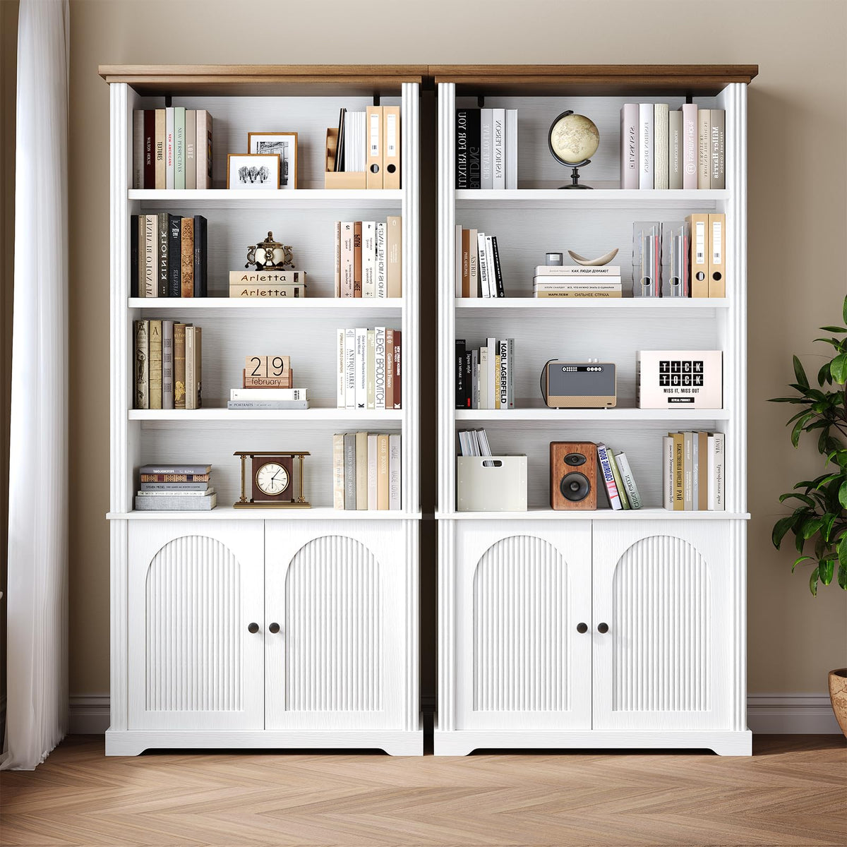 Glirun Modern 71" Tall 6-Shelf Bookcase with Doors, Storage Cabinet with Adjustable Shelves, Fluted Double-Door Design for Living Room, Home Office, Bedroom