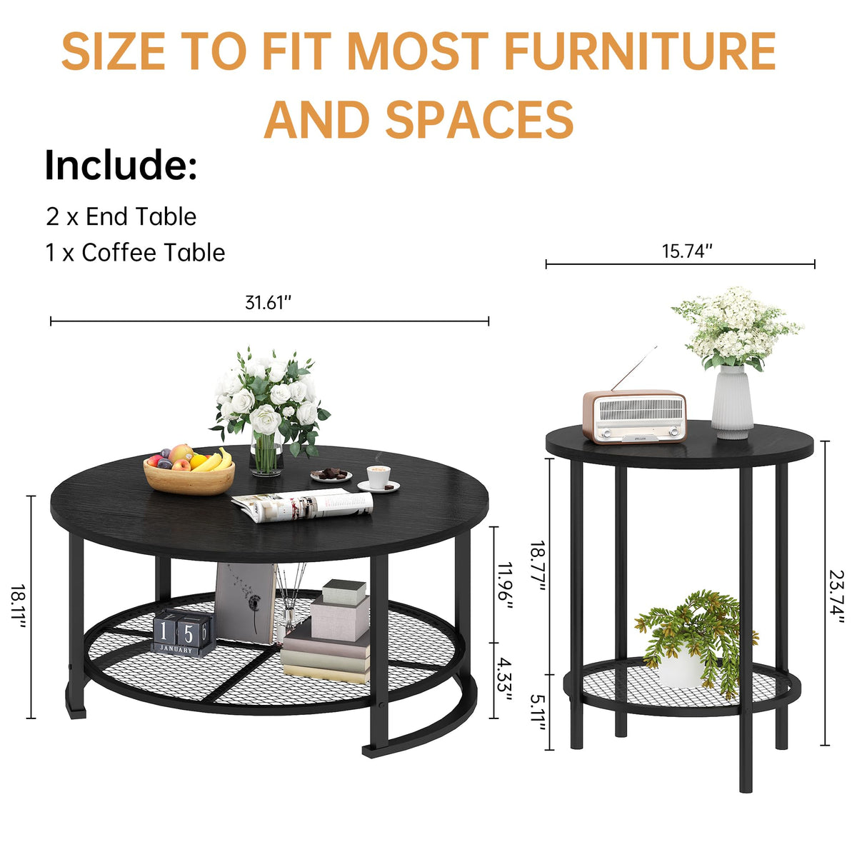 Recaceik Round Coffee Table and End Table Set of 3 with Storage, Modern Vintage Black Coffee Table and Side Table for Living Room, Office, Apartment, Small Space