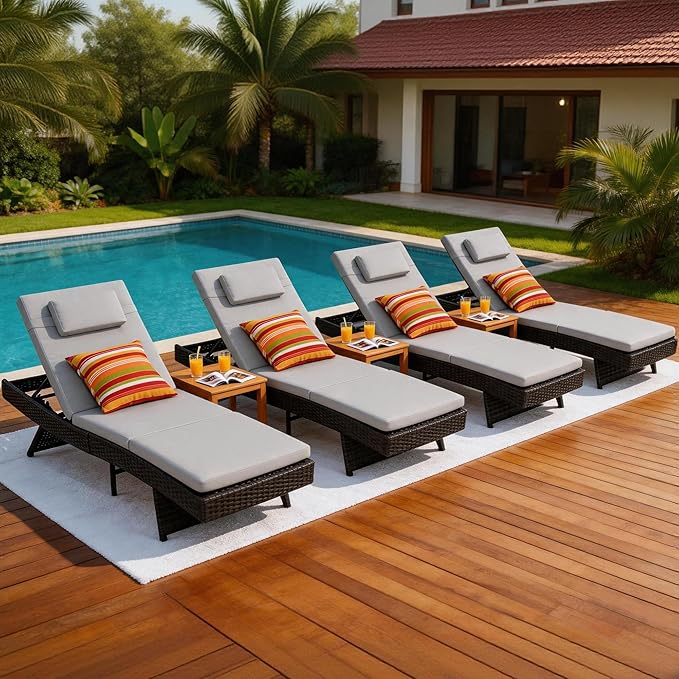Wicker Patio Chaise Lounge Set with Cushions & Pillows