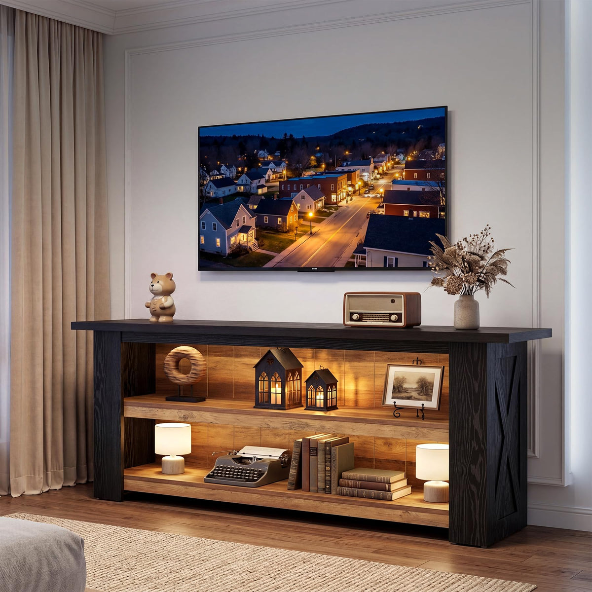 Tribesigns Wooden TV Stand for 65 Inch TV, Black Entertainment Center