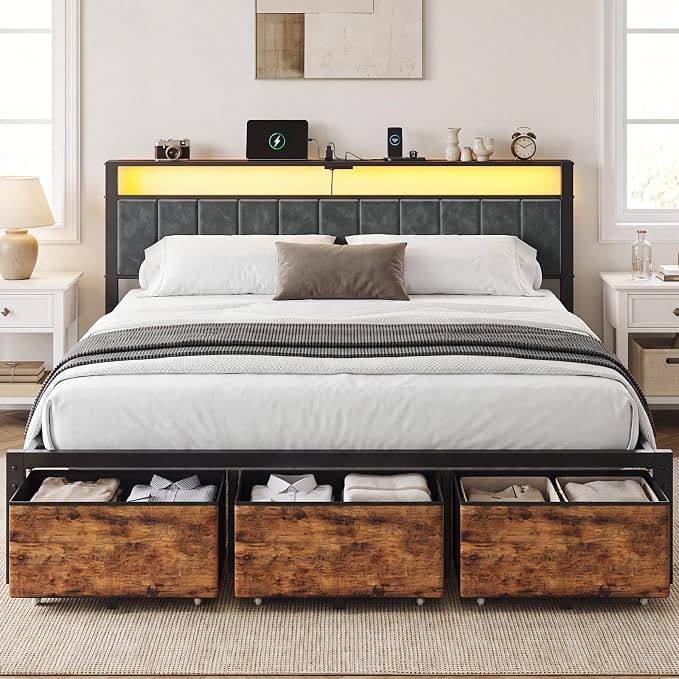 Queen Storage Bed with LED Headboard