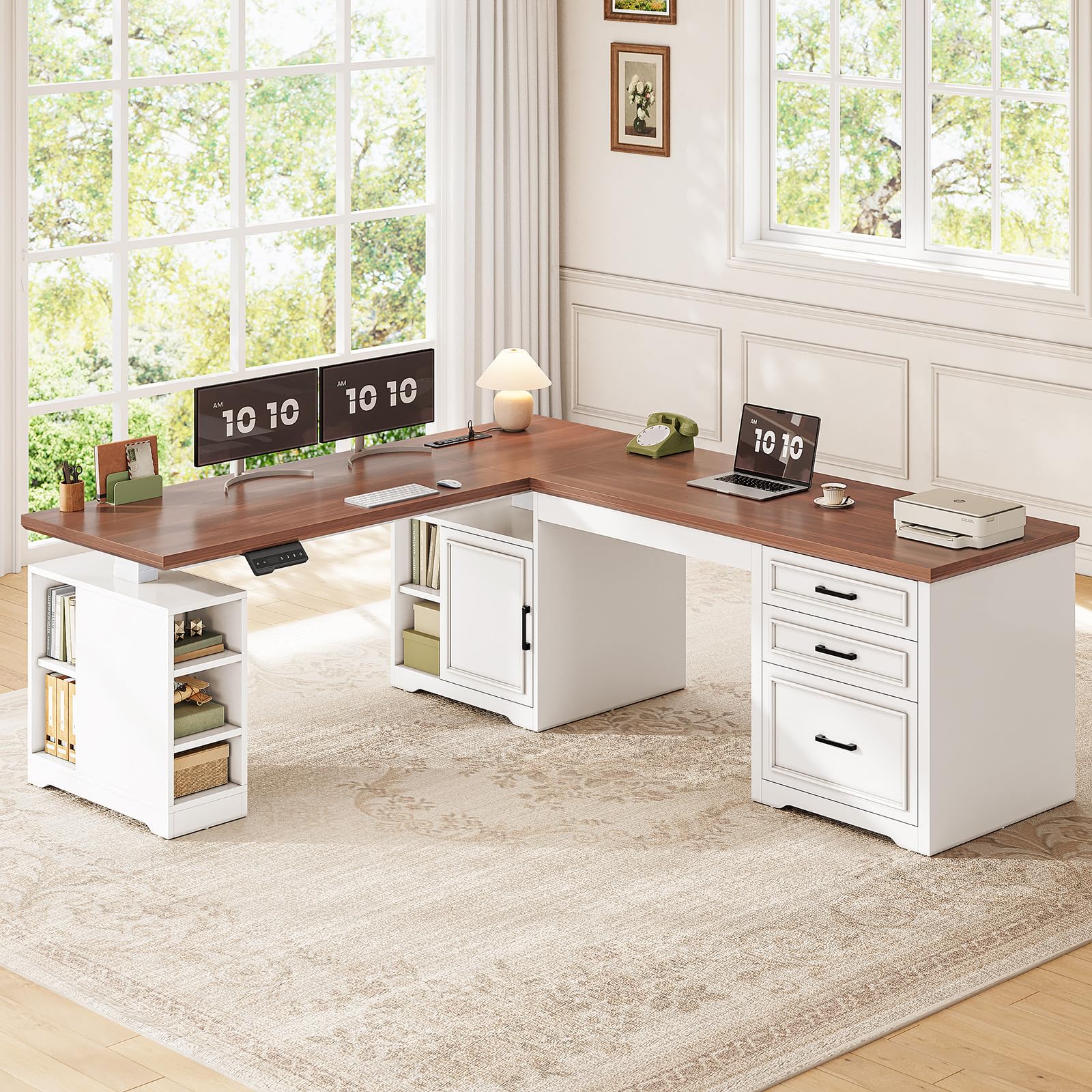 L-Shaped Electric Standing Desk with Drawers & Shelves