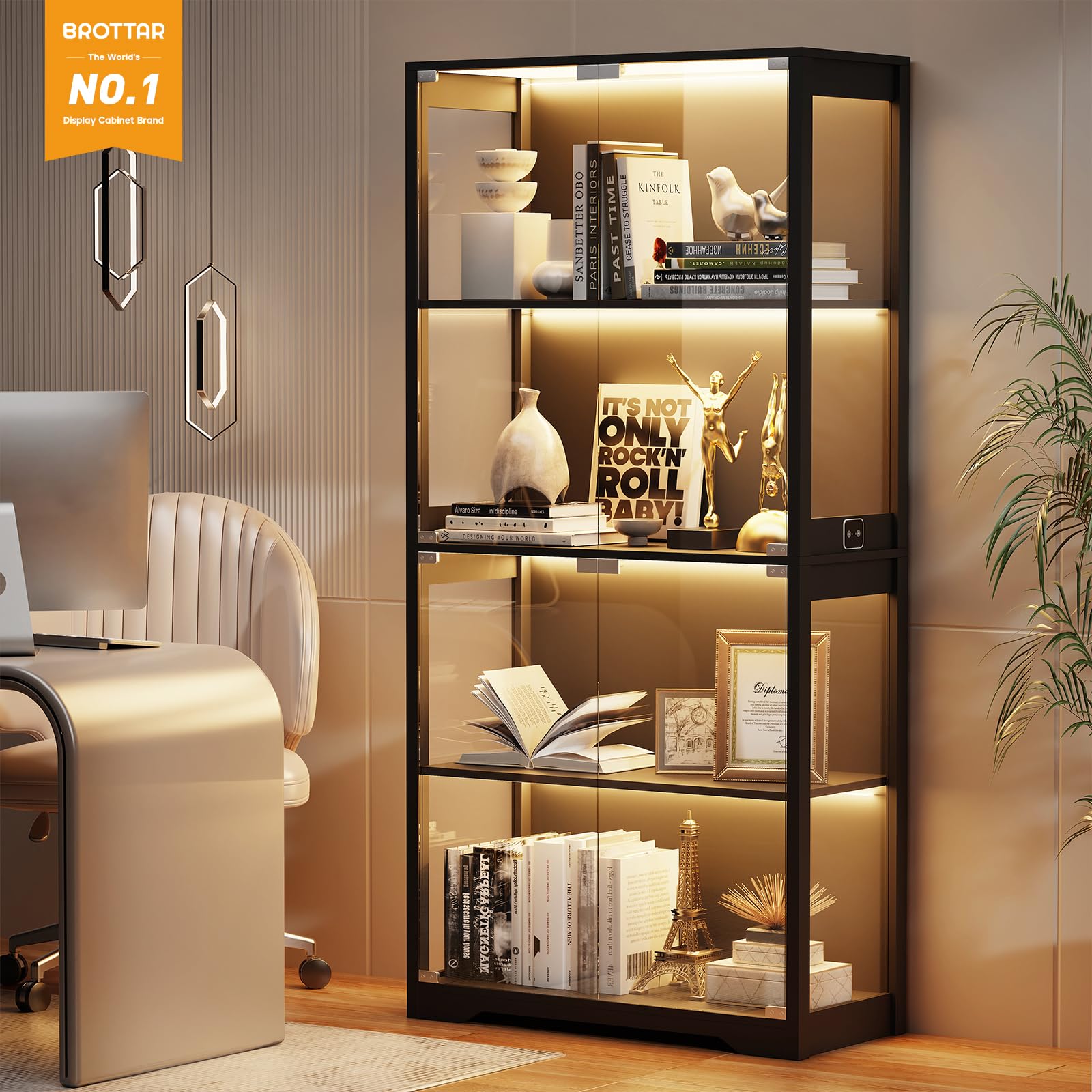 4-Tier Glass Display Cabinet with LED Lights
