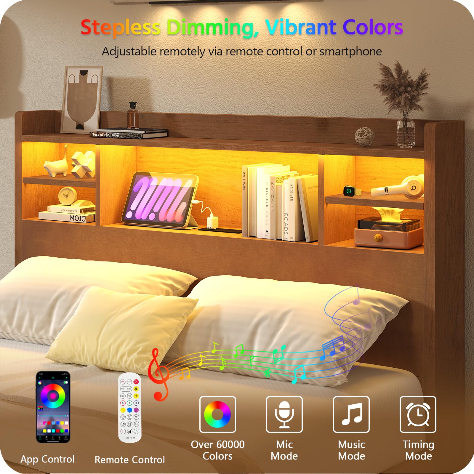 Solid Wood Bed Frame with RGB LED Headboard | Remote & App Control
