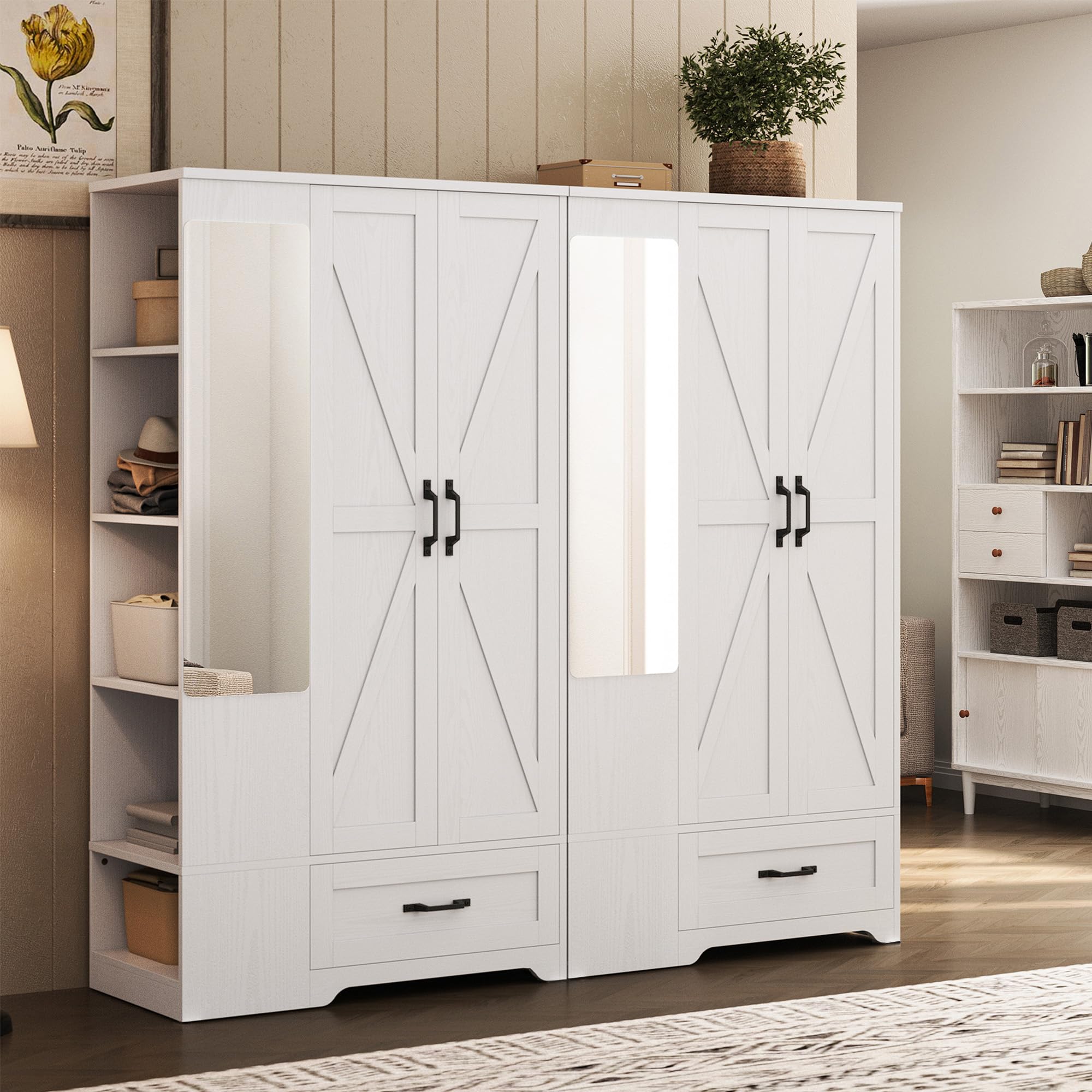 Tall Wardrobe Closet with Mirror & Barn Doors