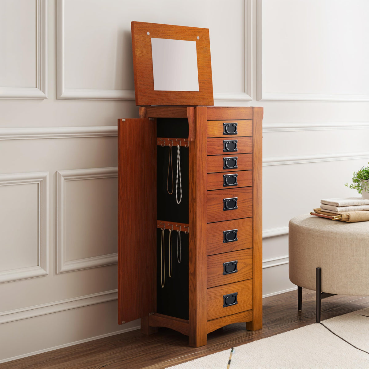 Powell Oak Kat Jewelry Armoire 19.625"L x 15.25"W x 40.625"H