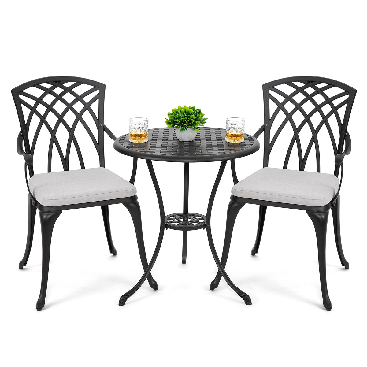 NUU GARDEN Outddor 3 Piece Bistro Set, Cast Aluminum Patio Furniture with Umbrella Hole and Grey Cushions for Patio, Garden, Balcony, Black