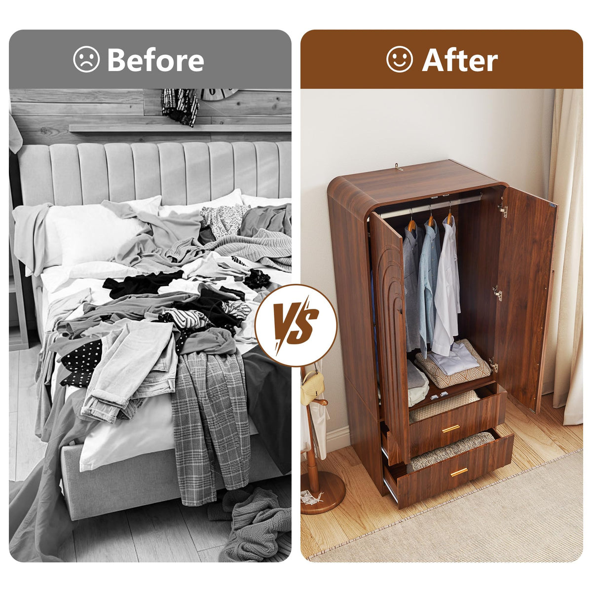 ORRD Freestanding Armoire Wardrobe Closet with Arched Fluted 2 Doors and 2 Storage Drawers, Large Capacity Wardrobe Cabinet Bedroom Organizer for Clothes, Blankets and Accessories, Walnut