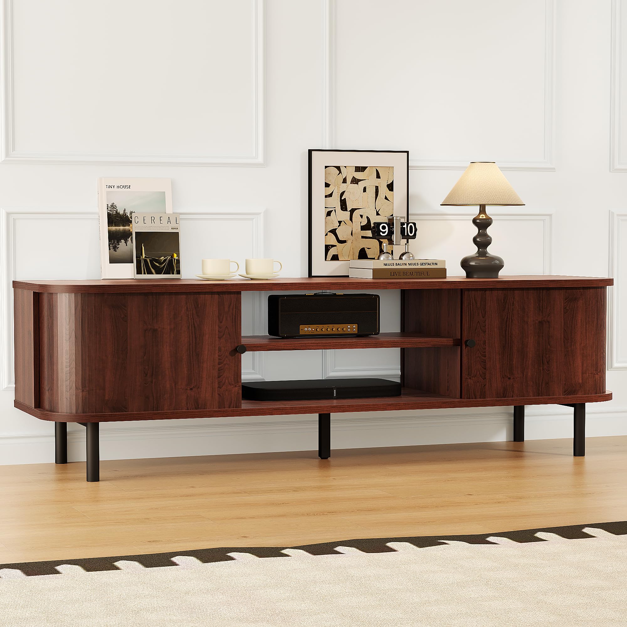 Mid-Century TV Stand with Sliding Doors & Hidden Storage