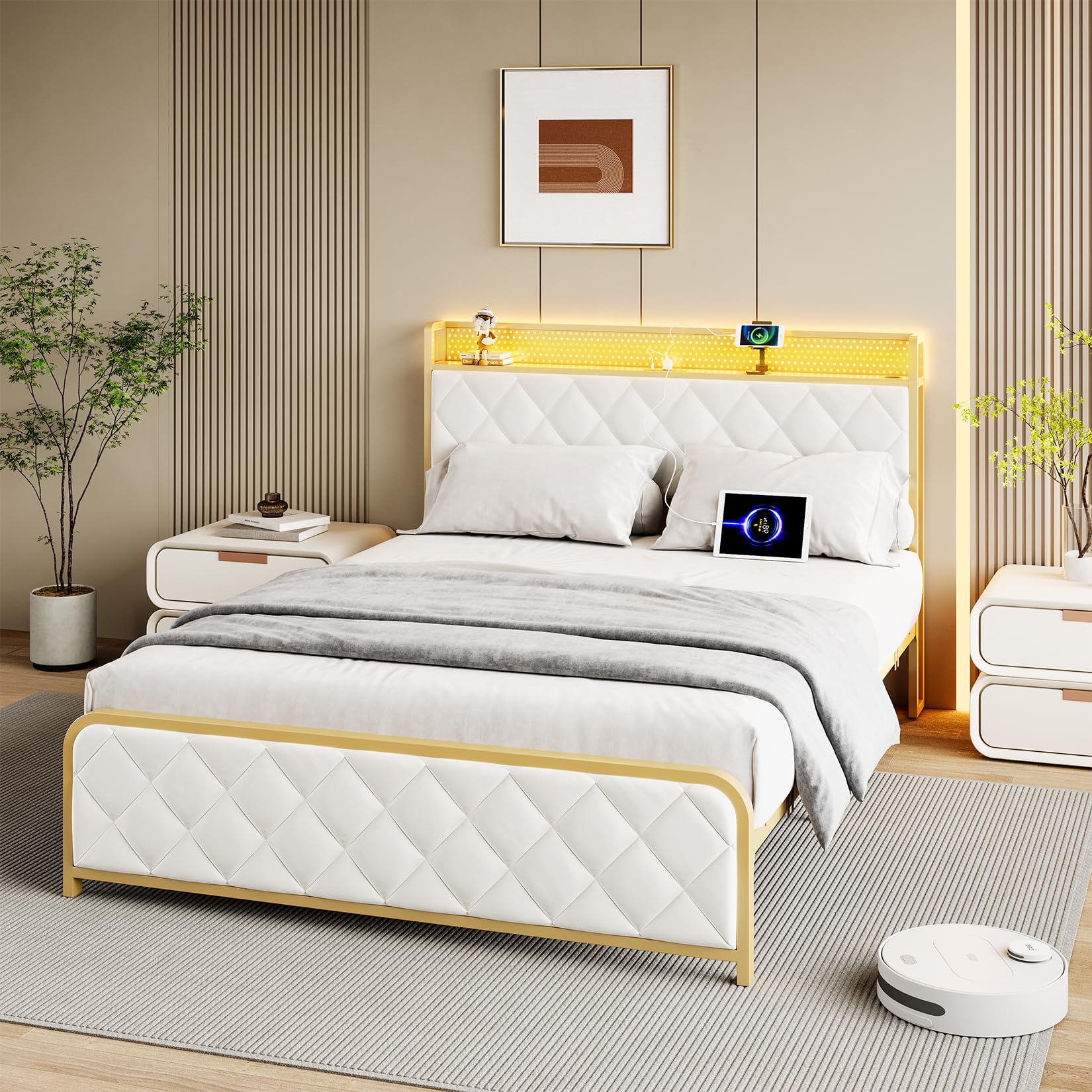 OUTGOODS King Bed Frame with Velvet Storage Headboard, Heavy Duty Steel Slats Support Metal Platform Bed Frame w/Charging Station & LED, APP ＆ Remote Control, Noise-Free/No Box Spring Needed, Beige