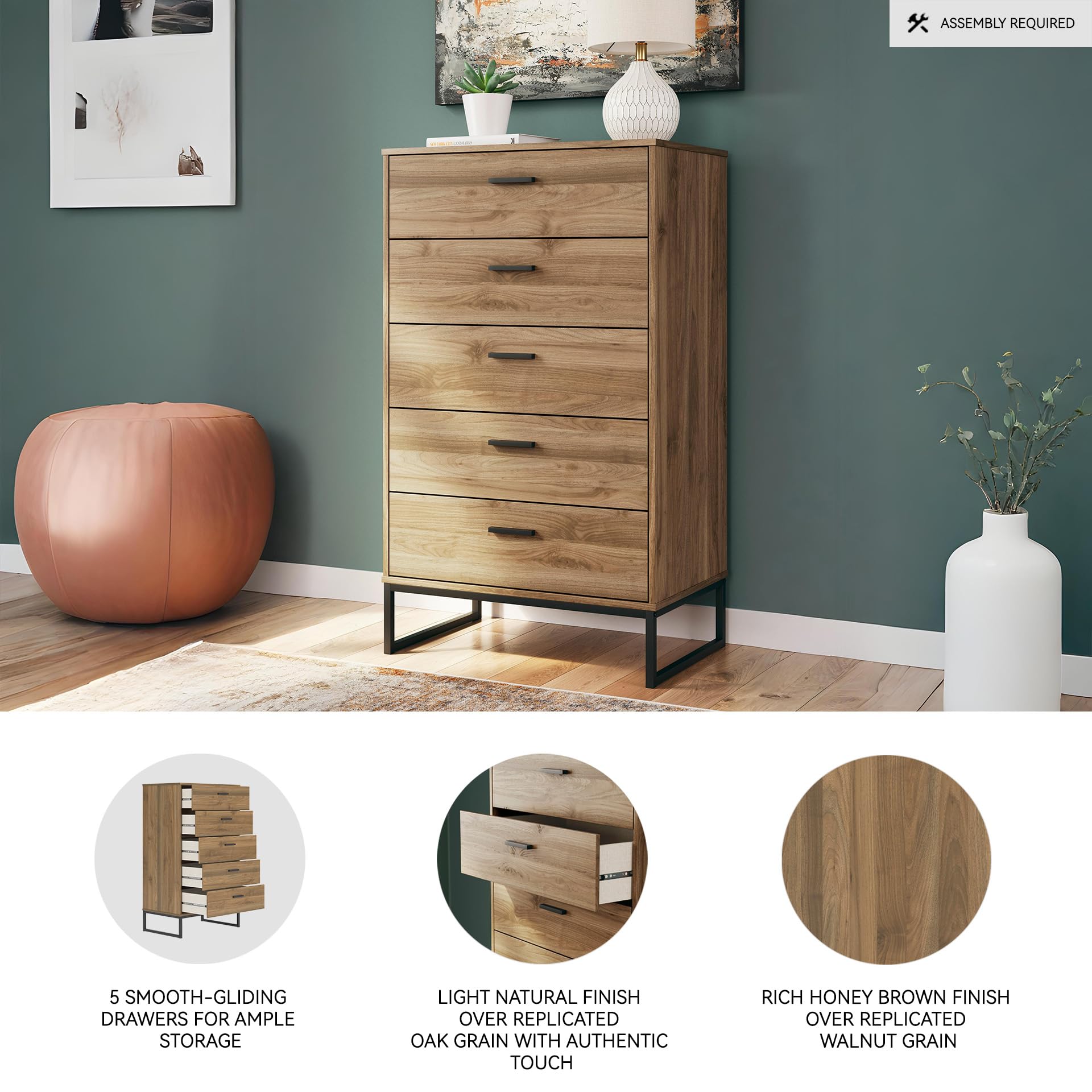 Signature Design by Ashley Deanlow Mid-Century Modern Chest of Drawers with Dark Pewter-Tone Legs and Handles, 5 Storage Drawers, Wood, 50.67" High, Brown