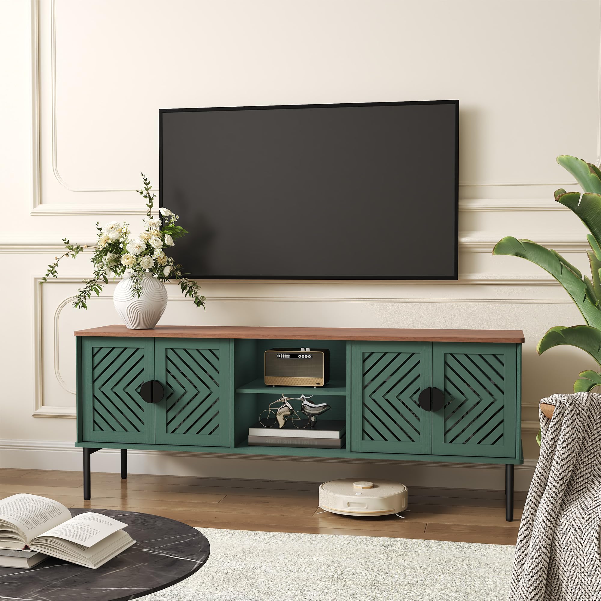 ARTPOWER 63" Modern TV Stands for Living Room, Long Entertainment Center with Storage, TV Console for 55 60 65 70 Inch TV, Bedroom TV Cabinet with Doors, Wood Media Console, Television Stand, Green