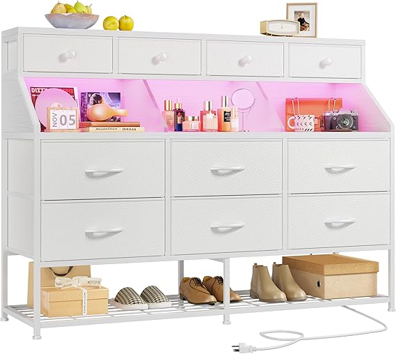 10-Drawer Dresser with Shoe Rack, LED Lights & Charging Station