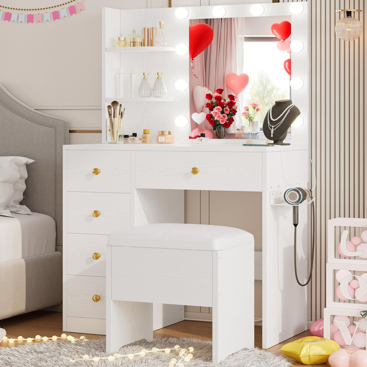 White Vanity Desk with Mirror and Lights