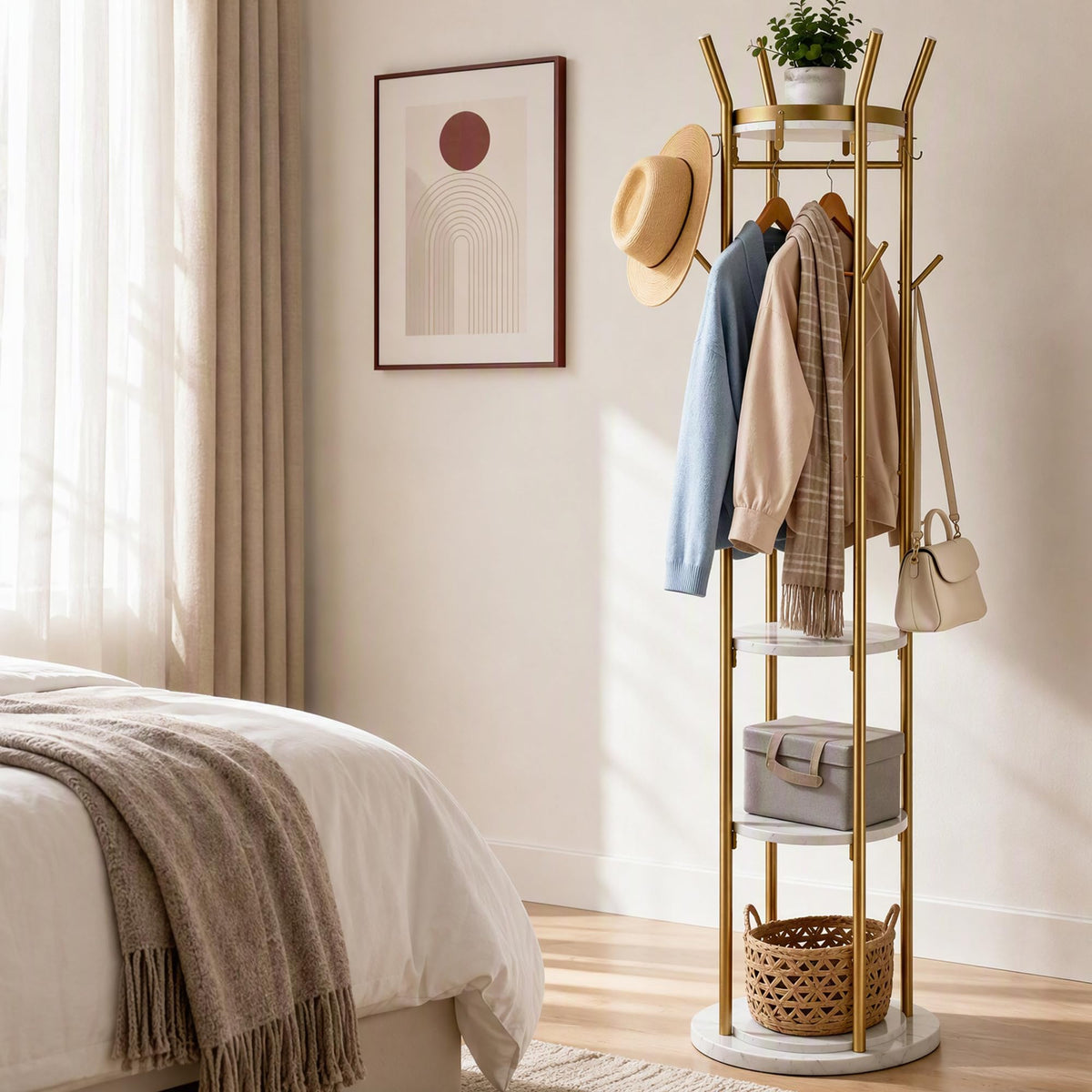 HOMEFORT Coat Rack Freestanding,Metal Coat Stand,4 Shelves,12 Hooks,Gold