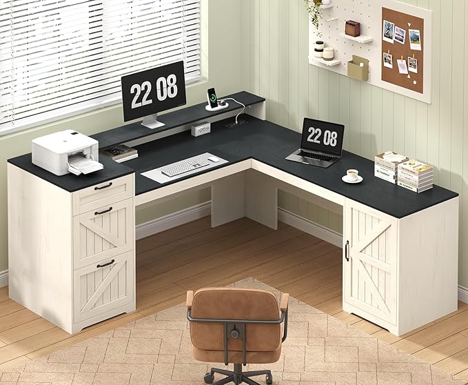 Farmhouse L-Shaped Desk with Drawers, Storage & Power Outlet