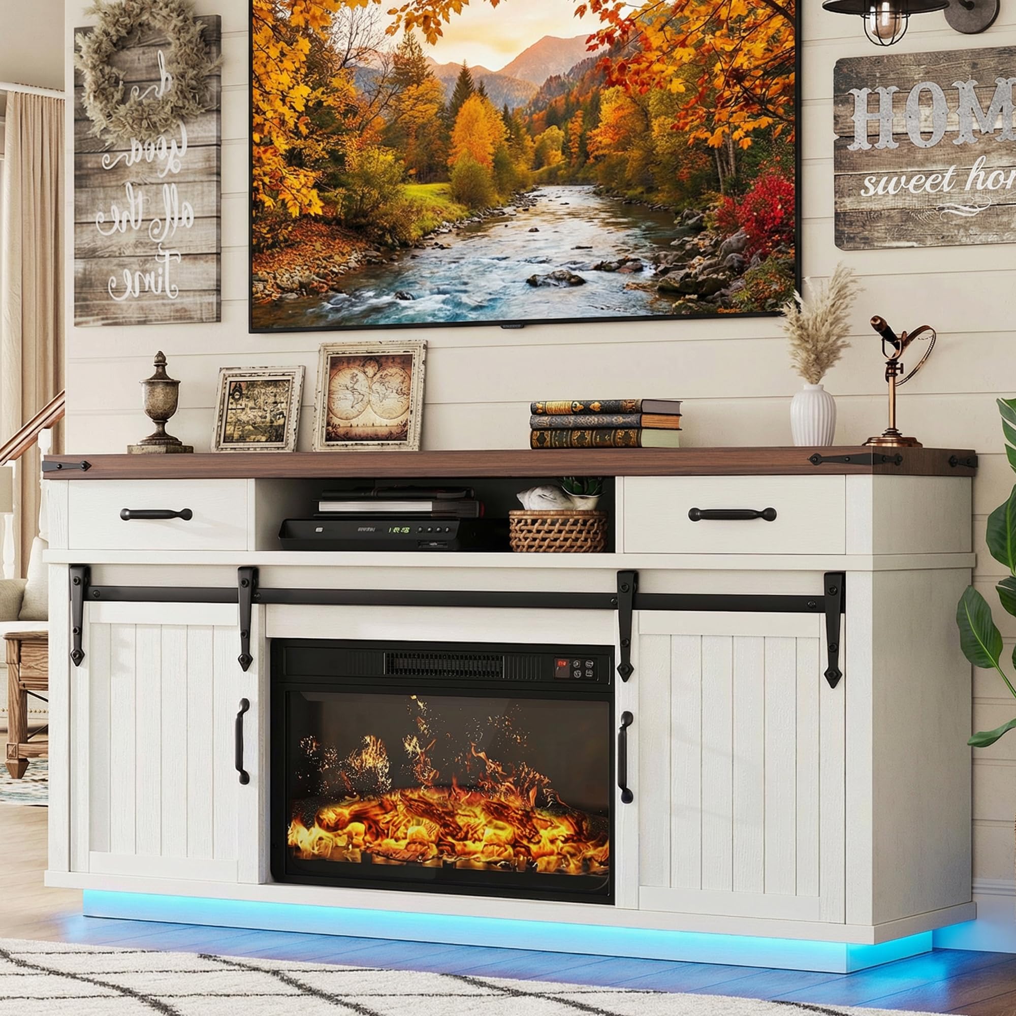 58" Farmhouse Fireplace TV Stand with LED Lights