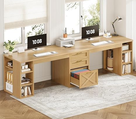 96.5" Two-Person Farmhouse Desk with Drawers & Storage