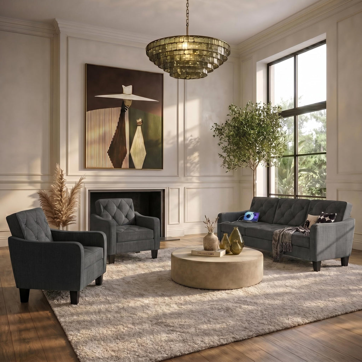 3-Piece Dark Grey Tufted Sofa Set