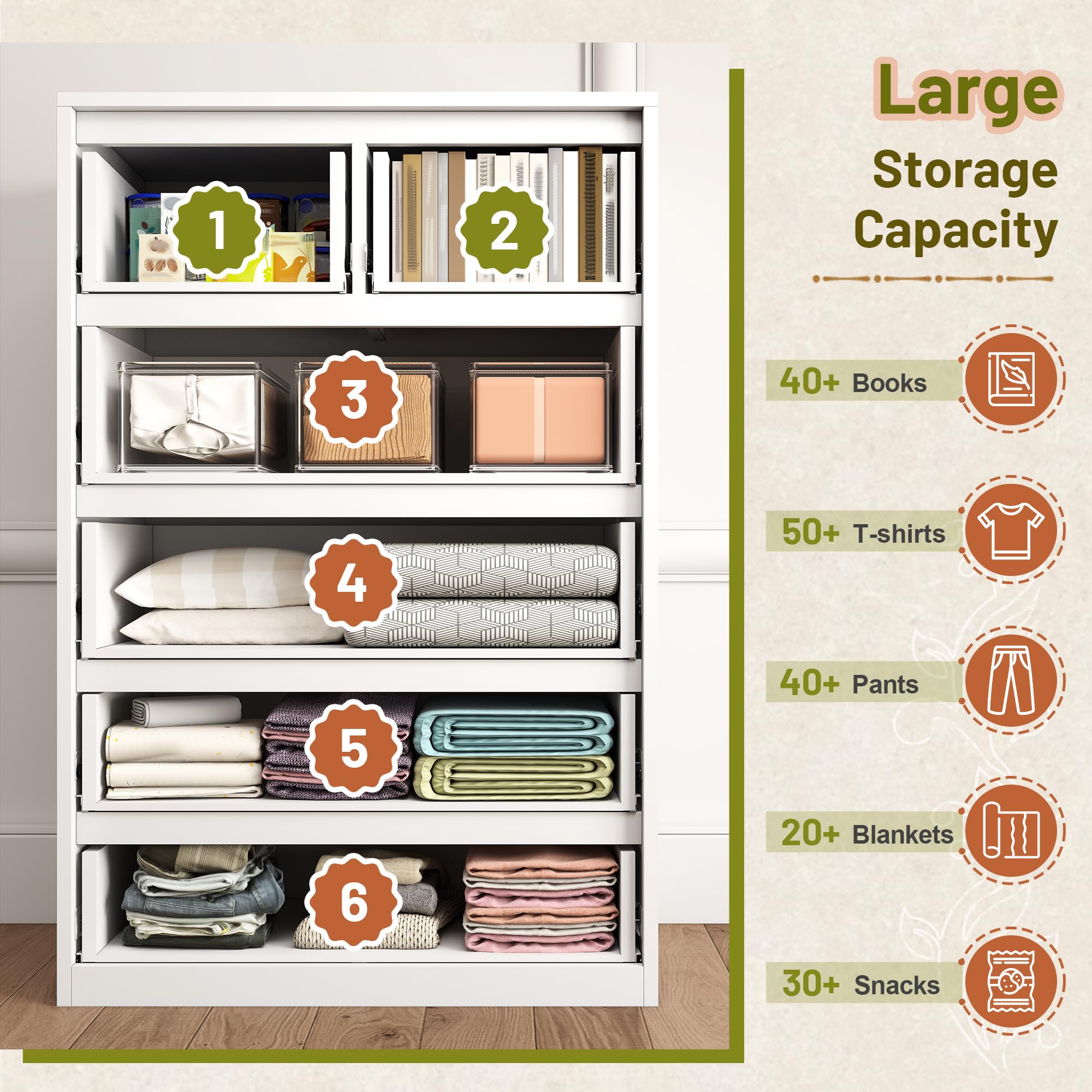Romorgniz White Dresser for Bedroom with 6 Wood Drawers, Tall Dressers & Chests of Drawers with Smooth Metal Slides for Entryway Hallway, Handle-Free Modern Design, 250 LBS Capacity